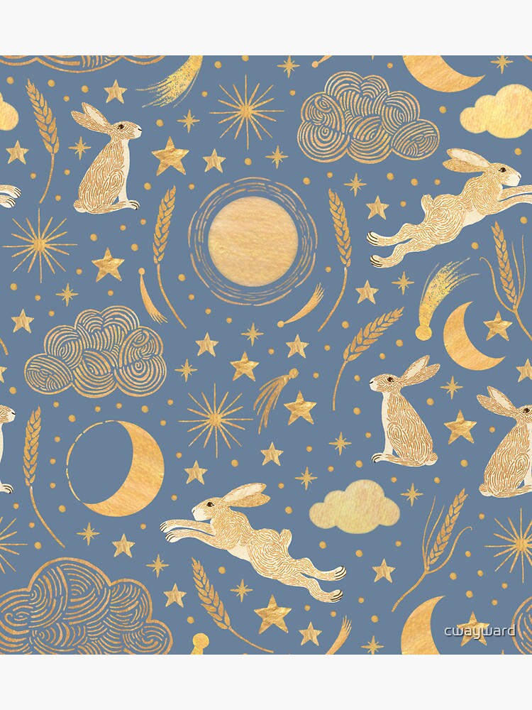 Harvest Moon Hares - Golden on misty blue by cwayward
