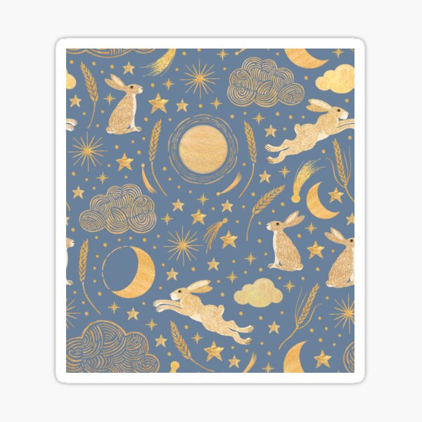 Harvest Moon Hares - Golden on misty blue Sticker
