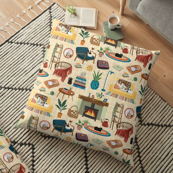Cosy Cat Lady Yellow Pattern Floor Pillow