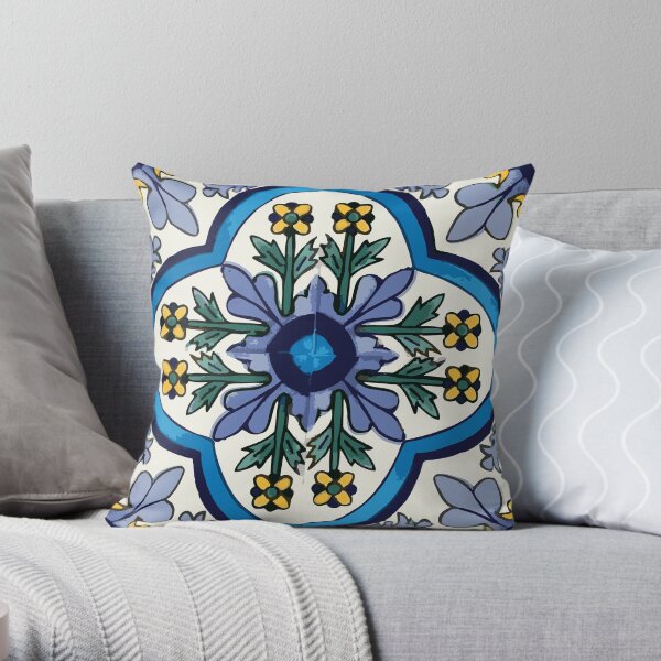 Talavera Blue Green Flora Throw Pillow