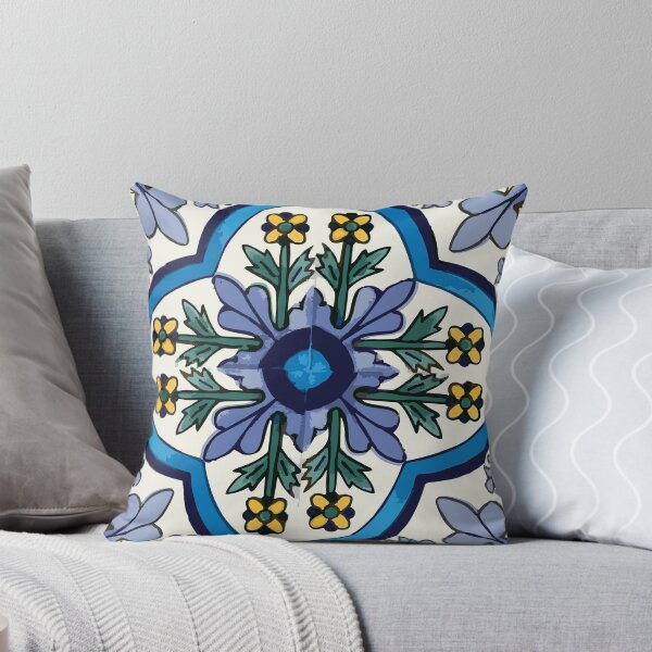 Talavera Blue Green Flora Throw Pillow
