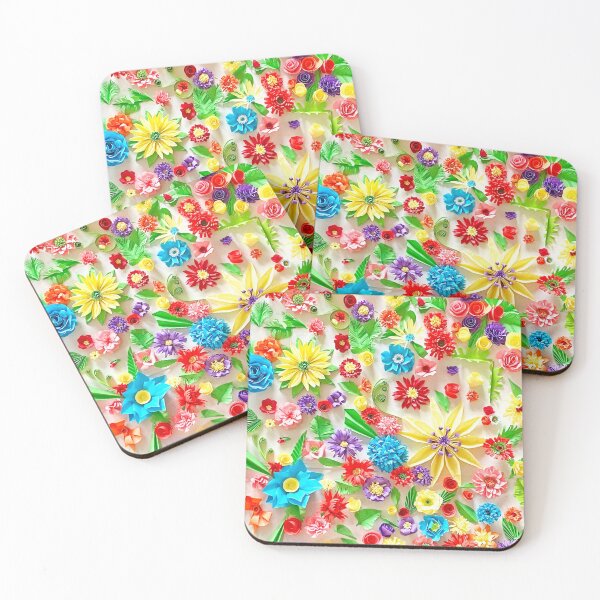 Item preview, Vivid multicolour quilled flowers on white background - quilled floral artwork (THIS IS A PRINT) designed and sold by folkyouall.