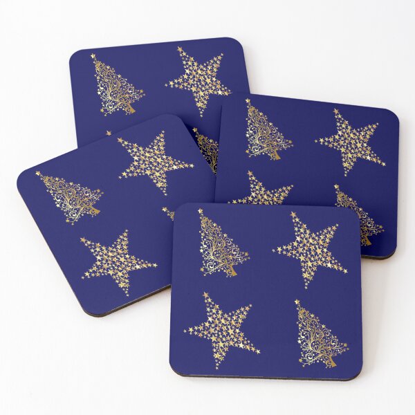 Item preview, Christmas golden stars and trees blue background designed and sold by oxoxoxo.