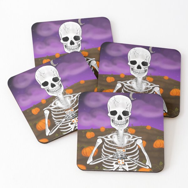 Item preview, skeleton with coffee in pumpkin patch illustration designed and sold by EmiGdesigns.