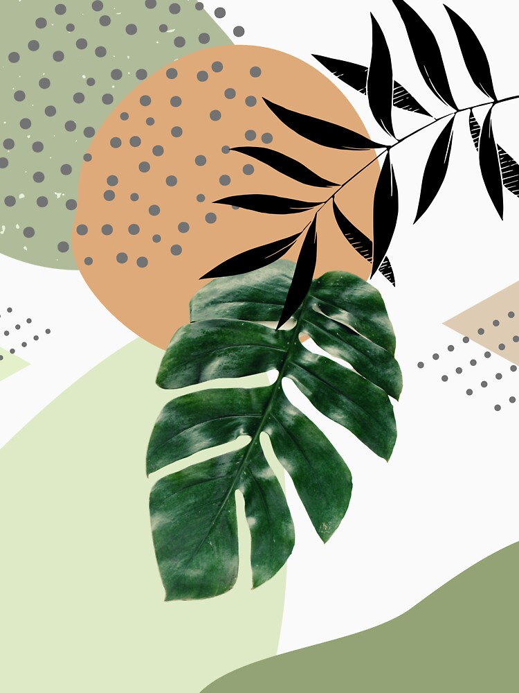 Imagen 3 de 3, Camiseta ¾ estilo béisbol con la obra Arte abstracto tropical Monstera con formas suaves en cálidos tonos terrosos con hojas verdes I, diseñada y vendida por AbstractTrace.
