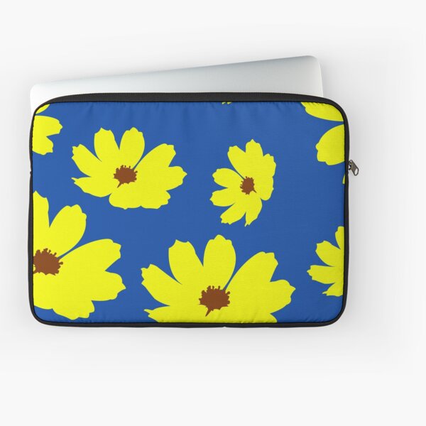 Sulfur Yellow Cosmos Flower Pattern in Blue Background Laptop Sleeve