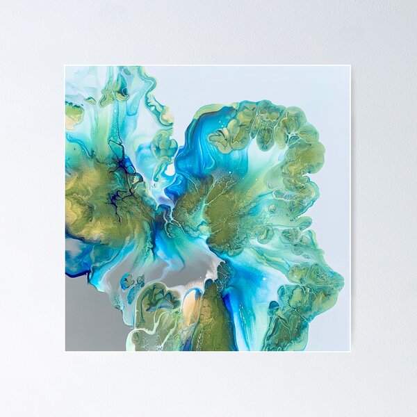 Item preview, Beautiful Ocean Sound Blue, Grey, and Gold Abstract Fluid Art. Pour Art designed and sold by CrystalCoast.