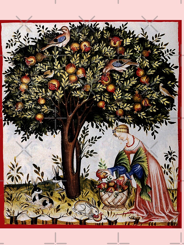 POMEGRANATE TREE HARVEST, BIRDS AND HARES Medieval Miniature