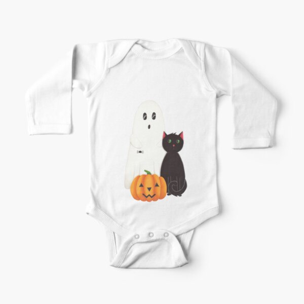 Cute Ghost, Pumpkin and Black Cat Trio Long Sleeve Baby One-Piece