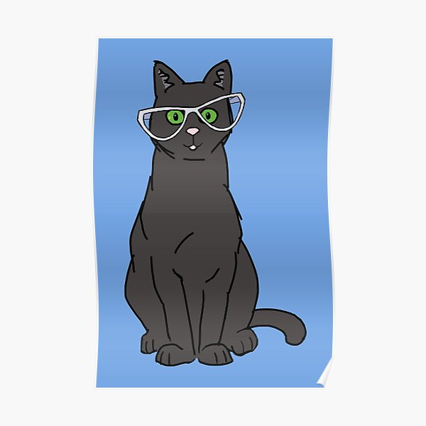 Black Cat Wearing Glasses - Blue Background Poster