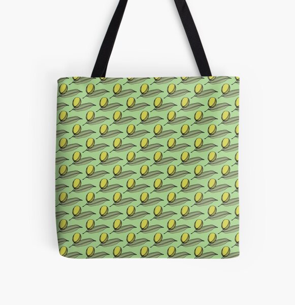 Green Olives With Leaves On A Leaf Green Background All Over Print Tote Bag