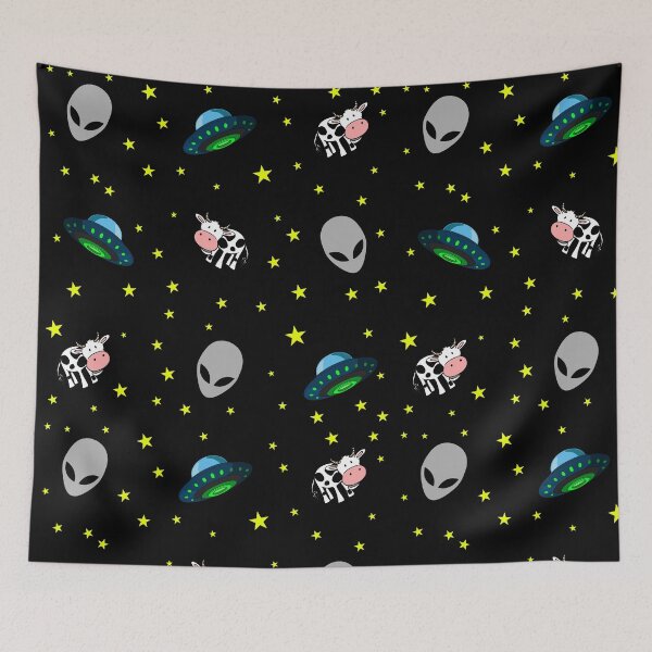 Item preview, Aliens, cow, ufo and stars pattern black background designed and sold by oxoxoxo.