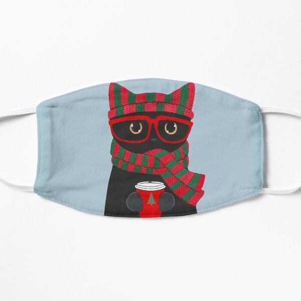 Winter Black Cat With Coffee Flat Mask