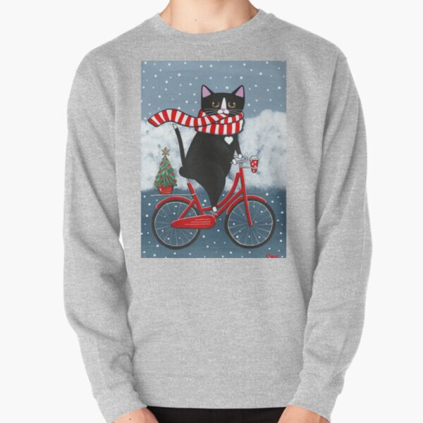 Tuxedo Cat Winter Bicycle Ride Pullover Sweatshirt
