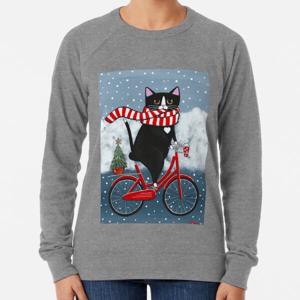 Tuxedo Cat Winter Bicycle Ride Lightweight Sweatshirt