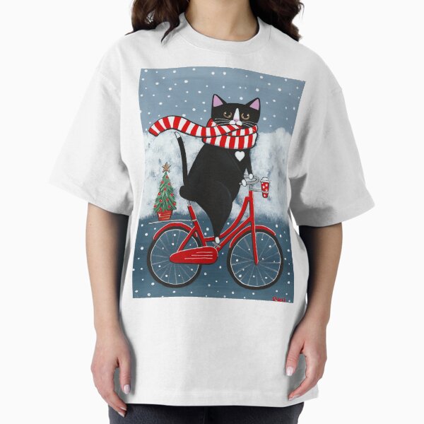 Aperçu de l'œuvre Promenade à vélo en hiver avec Tuxedo Cat créée et vendue par KilkennyCat Art.