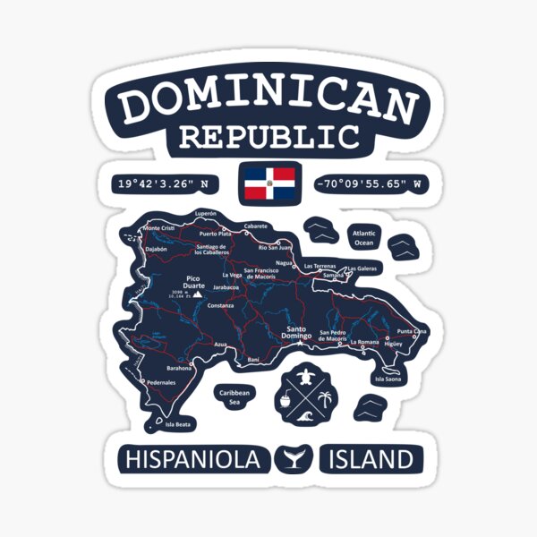 Dominican Republic Map Flag Santo Domingo Capital Coordinates Roads Rivers and Oceans White Sticker