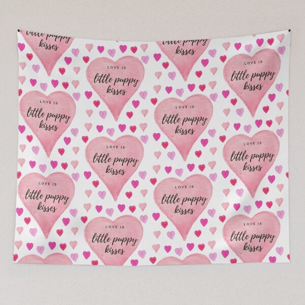 Item preview, Love is little puppy kisses. Pink watercolour hearts, black text. designed and sold by JellyBeenzz.