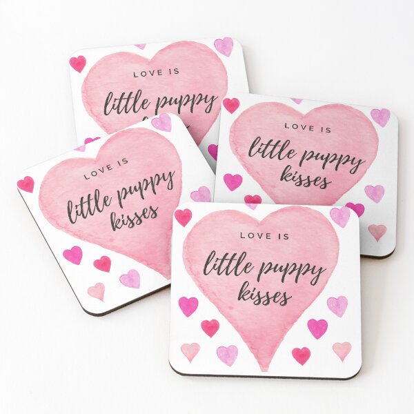 Item preview, Love is little puppy kisses. Pink watercolour hearts, black text. designed and sold by JellyBeenzz.