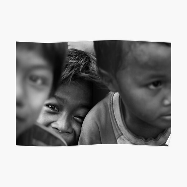 black and white street kids closeup photo Poster