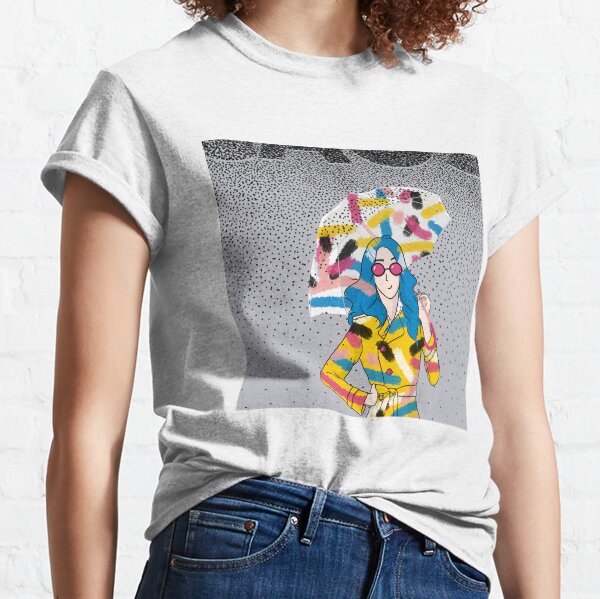 CAOS - chaos illustration of a girl under colorful umbrella under a pouring black rain on grey background Classic T-Shirt