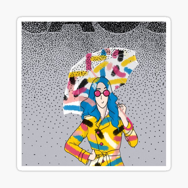 CAOS - chaos illustration of a girl under colorful umbrella under a pouring black rain on grey background Sticker