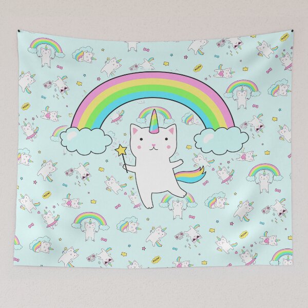 Item preview, Magic cute unicorn kitty on powder blue pattern designed and sold by colourfulslug.