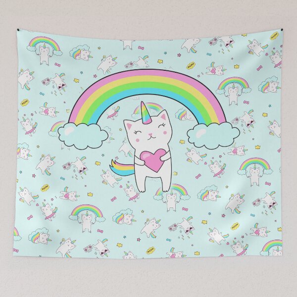 Item preview, Love cute unicorn kitty on powder blue pattern designed and sold by colourfulslug.