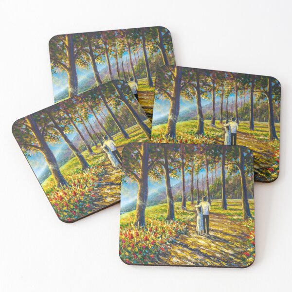 Item preview, Romantic couple walking in sunny park forest painting. Painting by Valery Rybakou designed and sold by rybakowvalery.