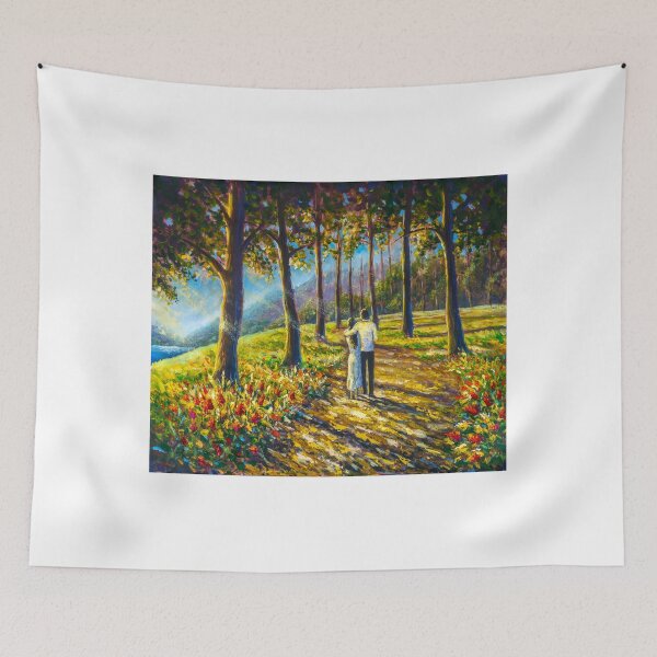 Item preview, Romantic couple walking in sunny park forest painting. Painting by Valery Rybakou designed and sold by rybakowvalery.