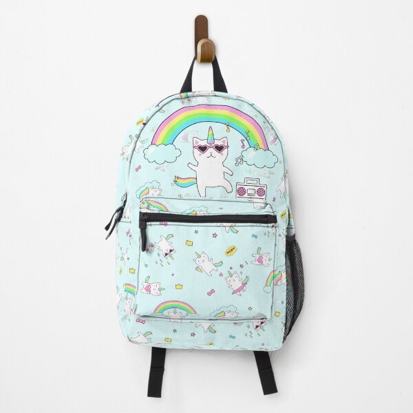 Item preview, Funky dancing cute unicorn kitty on powder blue pattern designed and sold by colourfulslug.