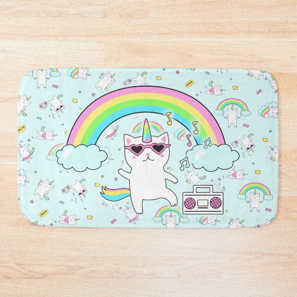 Item preview, Funky dancing cute unicorn kitty on powder blue pattern designed and sold by colourfulslug.