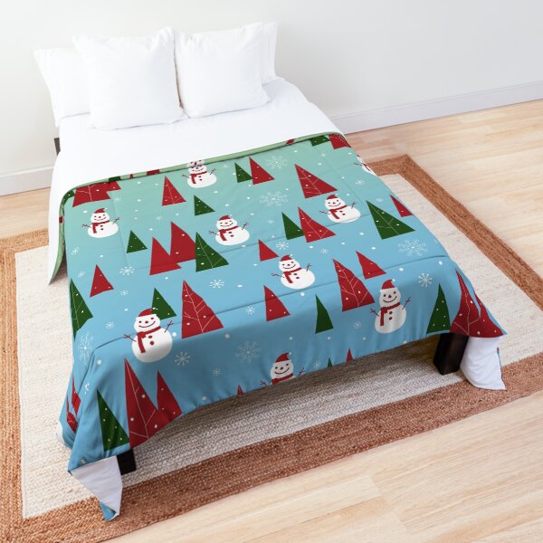 Christmas Pattern with Snowflakes, Snowman, Pine Trees Comforter