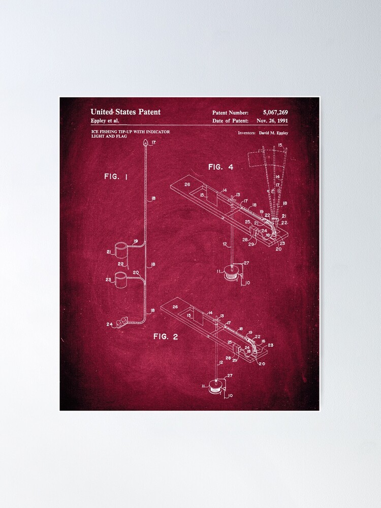 Ice fishing tip-up with indicator light and flag 1991 patent burgundy  chalkboard Poster for Sale by InkedArtPrints