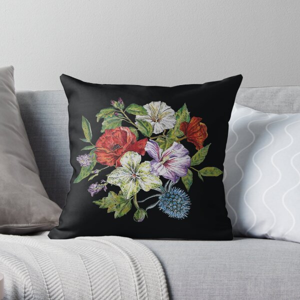 watercolor flowers on dark background Throw Pillow