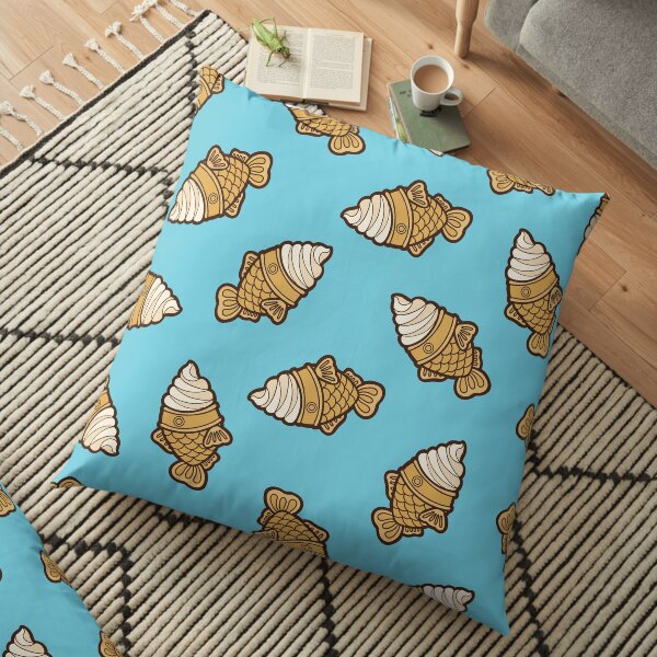 Taiyaki Icecream Fish Pattern on Blue Floor Pillow