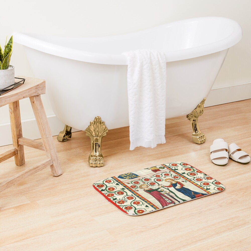 GERMAN POET WITH HIS BELOVED LADY ,MEDIEVAL MINIATURE WITH WILD ROSES Bath Mat