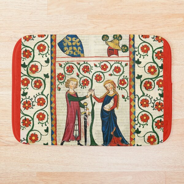 GERMAN POET WITH HIS BELOVED LADY ,MEDIEVAL MINIATURE WITH WILD ROSES Bath Mat