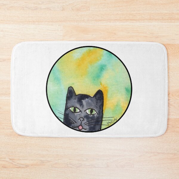 Item preview, Black Cat with Blep on Green and Gold Watercolor Cat designed and sold by Deromilly.