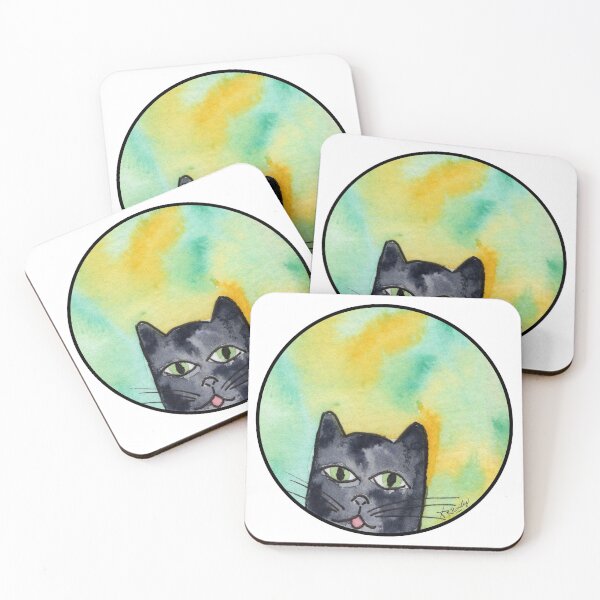Item preview, Black Cat with Blep on Green and Gold Watercolor Cat designed and sold by Deromilly.