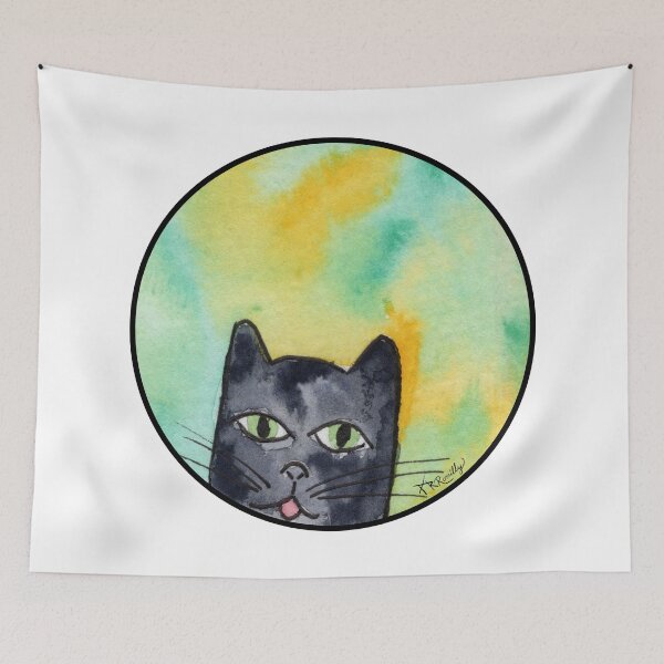 Item preview, Black Cat with Blep on Green and Gold Watercolor Cat designed and sold by Deromilly.