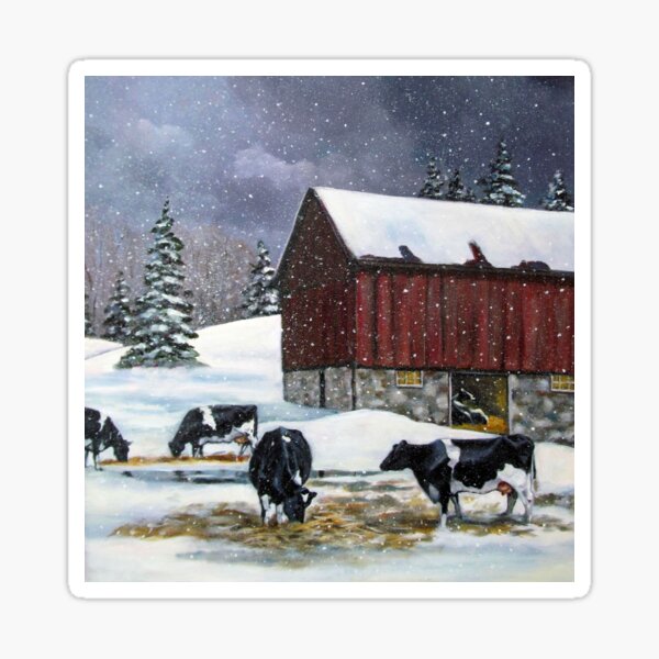Item preview, Holstein Dairy Cows in Snowy Barnyard, Original Painting, Old Red Barn designed and sold by JoyfulWhimsy.