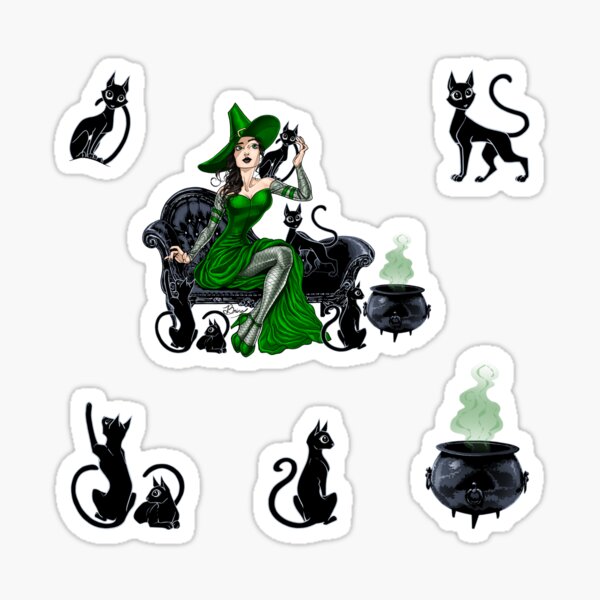Crazy Cat Witch, in Green & Black Sticker