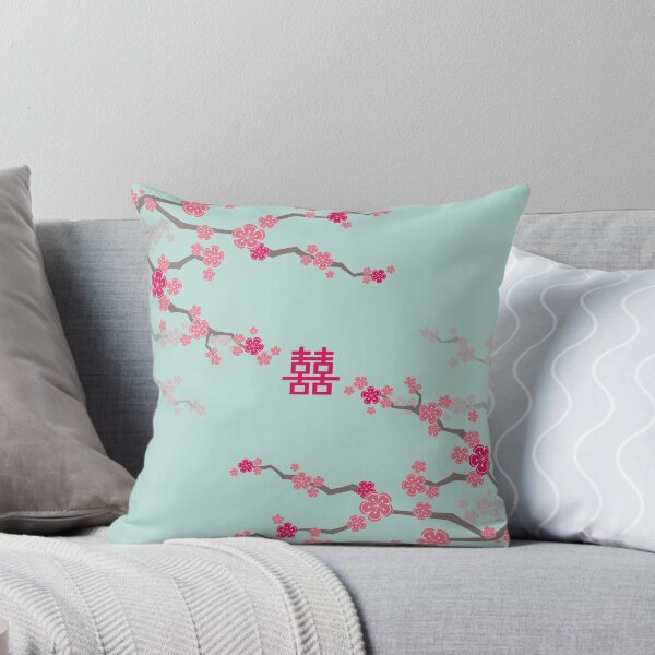 Item preview, Fuchsia Pink Oriental Cherry Blossoms on Turquoise Blue and Chinese Wedding Double Happiness | Japanese Sakura © fatfatin  designed and sold by fatfatin.