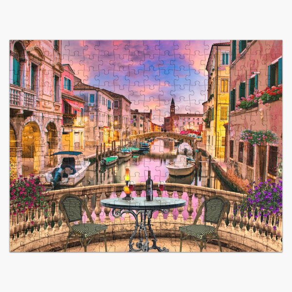 Item preview, Jigsaw Puzzle Romantic Venice Sunset Lamplight Alfresco Dining Colorful Flowers1000 piece designed and sold by StickerArtwork.