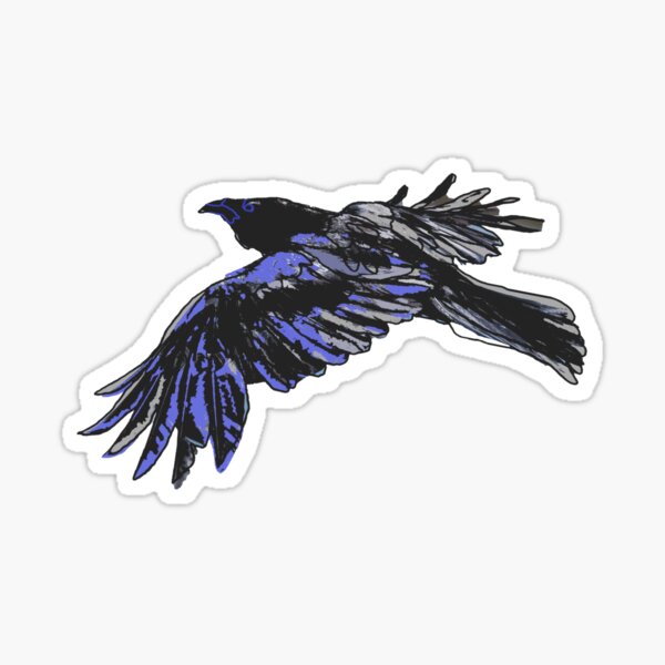 Black Crow Flying with blue accents raven Sticker
