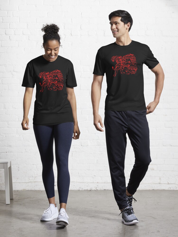 Tiger and Dragon Yin Yang Tattoo Style Red Print | Active T-Shirt