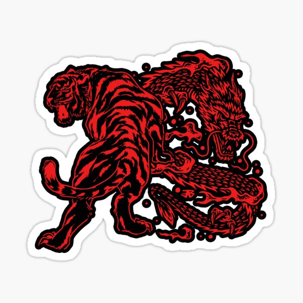 Vista previa del artículo con la obra «Tatuaje de tigre y dragón Yin Yang estilo estampado rojo», diseñado y vendido por SoccaTamam.
