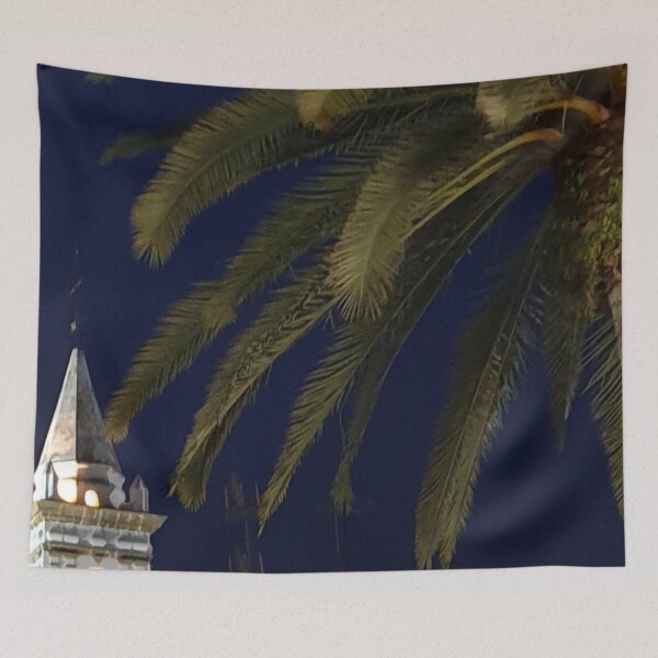 Item preview, Night sky palm next to the illuminated church, Spain designed and sold by JellyBeenzz.