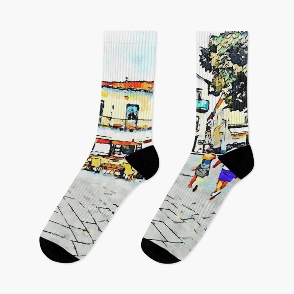 Item preview, Ravello: two tourists strolling in the square near a restaurant  designed and sold by Giuseppe Cocco.